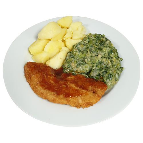 Kipschnitzel Kippenjus Andijvie a la crème  Aardappelen gekookt (natriumarm)